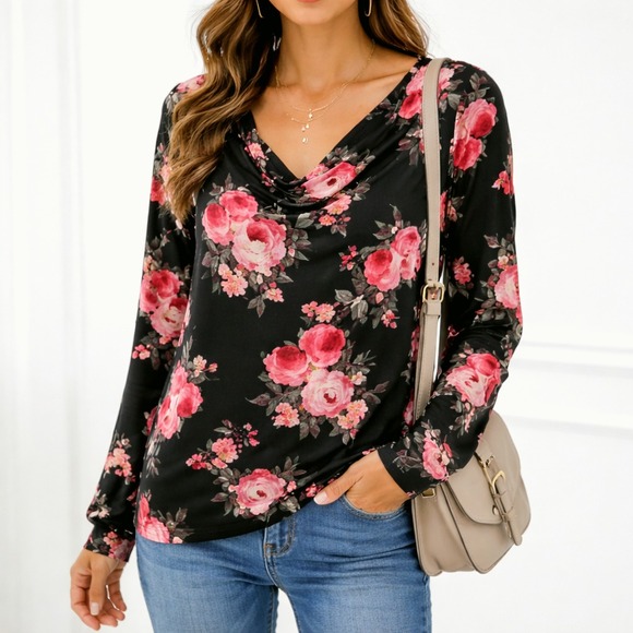 NWT Black Pink Floral Long Sleeve Sweetheart Neck Stretch Romantic Top Womens 0X - Picture 3 of 15